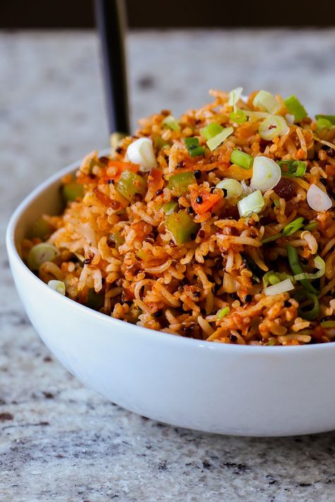 Triple Schezwan Fried Rice, Schezwan Fried Rice, Schezwan Chutney, Rice Meals, Short Recipes, Vegan Richa, Vegan Asian, Gluten Free Rice, Asian Fusion