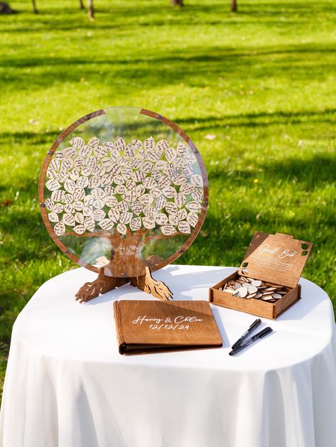 We are happy to share the warm moments of your Wedding Day with you! Surprise your guests our Custom Wedding Guest Book Alternative!  This gorgeous circle frame can house every wish and blessing that your guests bestow upon your union.  All they have to do is write everything down on small wooden leaf, sign their wishes, and drop the leaf inside the frame. * Each order includes: - guest book; - small leaves for guests    (you need to select a quantity, we recommend ordering at least 2 per guest) Guestbooks Ideas For Wedding, Family Tree Guest Book, Wedding Inspiration Decor, Spiritual Wedding, Wedding Drop Box, Tree Guest Book, Wooden Leaf, Personalized Wedding Decor, Small Leaves