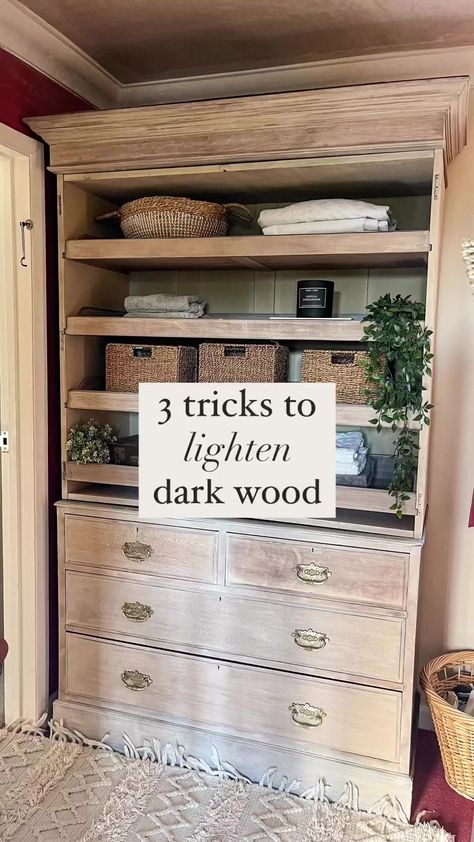 How to lighten dark mahogany or teak wood. 🖤My heart always used sink a little when ever I sand back the varnish or paint and I find a dark wood underneath. So I have tried and tested several ways to... Bleaching Mahogany Furniture, Bleached Mahogany Furniture, Lightening Dark Wood Furniture, How To Lighten Dark Furniture, Lighten Wood Cabinets Kitchen, How To Lighten Dark Wood Furniture, Lighten Dark Wood Furniture, How To Lighten Stained Wood, How To Lighten Dark Stained Wood