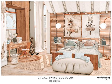 Sims 4 Twins Bedroom, Sims 4 Twins, Twins Bedroom, Y2k Bedroom, Rustic Wood Floors, Bedroom Book, Refrigerator Cabinet, Sims 4 Bedroom, Floor Lamp With Shelves