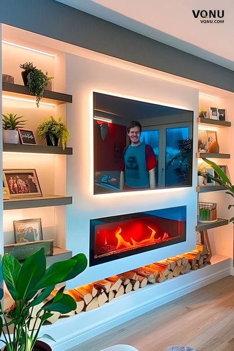 Cozy modern media wall with built-in fireplace, floating shelves, ambient lighting, and green plants, creating a warm and stylish living space. Media Wall Shelving Ideas, Fireplace Tv Wall Floating Shelves, Fireplace Tv Wall Decor Living Rooms, Electric Fireplace Media Wall, Modern Media Wall With Fireplace And Tv, Built In With Electric Fireplace, Media Walls With Fireplace, Media Wall Fireplace, Tv Wall With Shelves