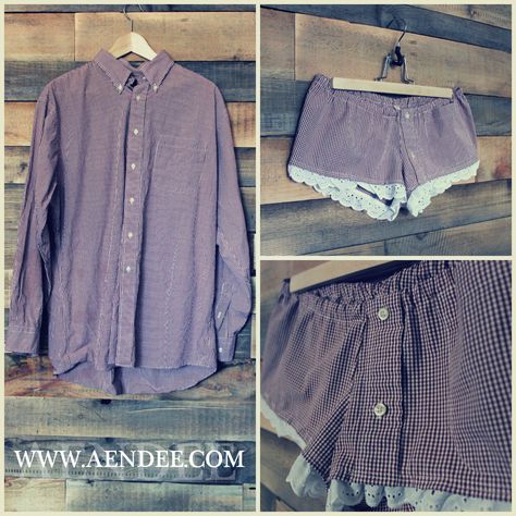 AENDEE's upcycled shirt > sleeper shorts!  Bring or send your boyfriend, husband, or partner's old button down in to be transformed into adorable pj shorts.  www.aendee.com Diy Mens Button Down Shirt Upcycle, Button Down Upcycle, Upcycle Button Down Shirt, Thrift Flip Clothes, Umgestaltete Shirts, Remake Clothes, Upcycled Shirt, Thrift Store Fashion, Mens Shirt Refashion