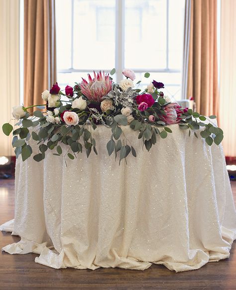 eucalyptus reception table decor | Heather Saunders Photography | Blog.theknot.com Protea Centerpiece, Eucalyptus Wedding Centerpiece, Bridal Table Flowers, Protea Wedding, Protea Bouquet, Pavilion Wedding, Reception Table Decorations, Tafel Decor, Bridal Table