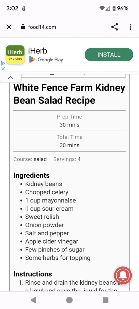 White Fence Farm Recipes, White Fence Farm, Kidney Bean Salad, Three Bean Salad, Kidney Bean, Bean Salad Recipes, White Fence, Farm Food, Meal Recipes