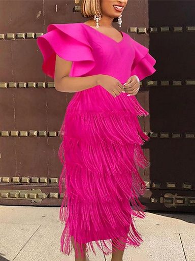 Women's Semi Formal Party Dress Fringe Dress Midi Dress Pink Long Sleeve Pure Color Tassel Fringe Winter Fall Autumn V Neck Stylish Winter Dress Fall Dress 2023 S M L XL XXL 2023 - US $39.99 Stylish Prom Dress, Prom Midi Dress, Straight Clothes, Plus Size Party Dresses, Tassel Dress, Ruffle Midi Dress, Fringe Dress, Maxi Robes, Midi Dress Party