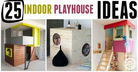 Indoor Playhouses are great for imaginative play, timeless creative games and a lot of fun. You will find your favorite playhouse in this list for sure. Playhouse In Basement, Closet Playhouse, Playhouse Interior Ideas, Basement Playhouse, Indoor Tree House, Playhouse Diy, Playhouse Indoor, Playhouse Interior, Modern Playhouse