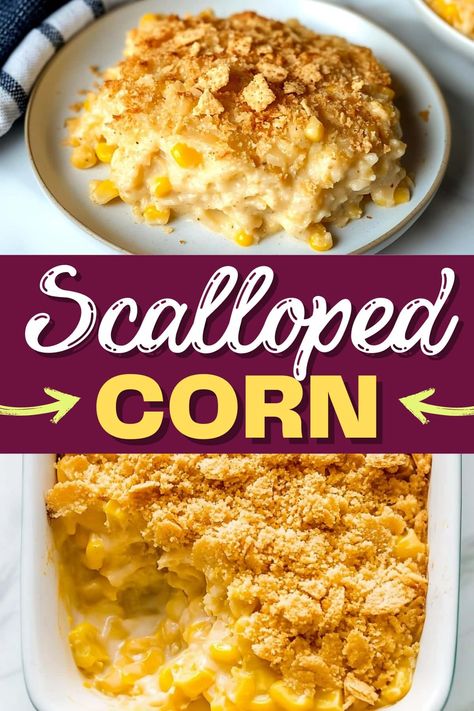 Scalloped corn casserole is a must-make for comfort food enthusiasts. From the creamy corn to the buttery crushed crackers, it's pretty darn delish. Sweet Cream Corn Casserole, Swiss Corn Casserole, Cream Corn Casserole With Ritz Crackers, Corn Scallop Recipe, Corn Casserole With Cream Cheese And Ritz Crackers, Baked Corn Recipes Oven, Thanksgiving Corn Dishes, Keto Corn Casserole, Crockpot Scalloped Corn