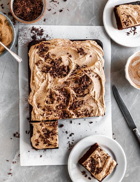 Chocolate Cake With Espresso, Espresso Buttercream, Spoon Fork Bacon, Chocolate Sheet Cake, Vegan Chocolate Cake, Peanut Butter Frosting, Sheet Cake Recipes, Butter Frosting, Chocolate Shavings