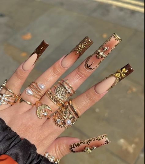 Autumn Nail, Colored Acrylic Nails, Dope Nail Designs, Long Square Acrylic Nails, Unique Acrylic Nails, Nail Swag, Bling Acrylic Nails, Brown Nails, Square Acrylic Nails