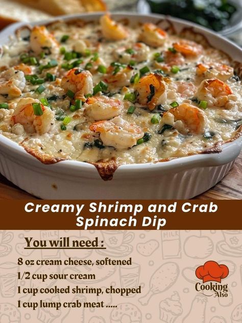 Crab And Spinach Dip Recipe, Crab Spinach Dip, Hot Dips, Lunch At Home, Seafood Dip, Shrimp Dip, Cooked Shrimp, Spinach Dip Recipe, Crab Dishes