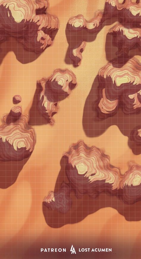 Click the link to download, see variations and find out more about my maps! #battlemaps #battlemap #ttrpg #dnd #rpg #pathfinder #5e #dungeonsanddragons #tabletopgaming #tabletoprpg #encountermap #fantasy #fantasymap #tabletopgames #dungeonsanddragons #VTT #roll20 #lostacumen #desert #redrocks #rockmaze #mesa Desert Map, Dnd World Map, Tabletop Rpg Maps, Dnd 5e Homebrew, Map Pictures, Rpg Map, Fantasy Battle, Dungeon Maps, D D Maps