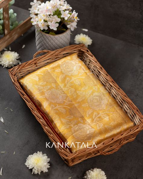 One glance at this Kanchipuram silk tissue jaal gold saree is enough to make you fall in love with it. 
The saree is adorned in beautiful gold zari floral jaal all over the gold tissue body and bounded in a contrast korvai red border. 

#TheHolidayEdit #Kankatala 
#Kanchipuramsilksaree #Kanchisilk #Kanchipuramsilk #Kanchivaram #Silk #Silksaree #Weddingsilk #Kankatalasaree #Sareelove #Sareeaddict Saree Photoshoot Ideas Creative, Boutique Photoshoot, Saree Aesthetic, Saree Photography, Clothes Layout, Saree Shoot, Gold Saree, Jaipur Travel, Saree Styling