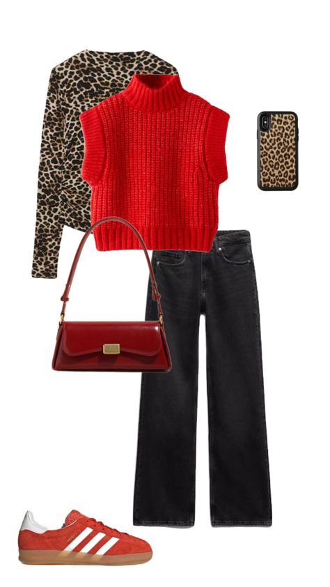 Dr Pepper Outfit, Red Striped Sweater Outfit, Red Tennis Shoes Outfit, Red Shirt Outfit Ideas, Red Sweater Vest Outfit, Leopard Jacket Outfit, Red Vans Outfit, Red Sneakers Outfit, Red Shirt Outfits