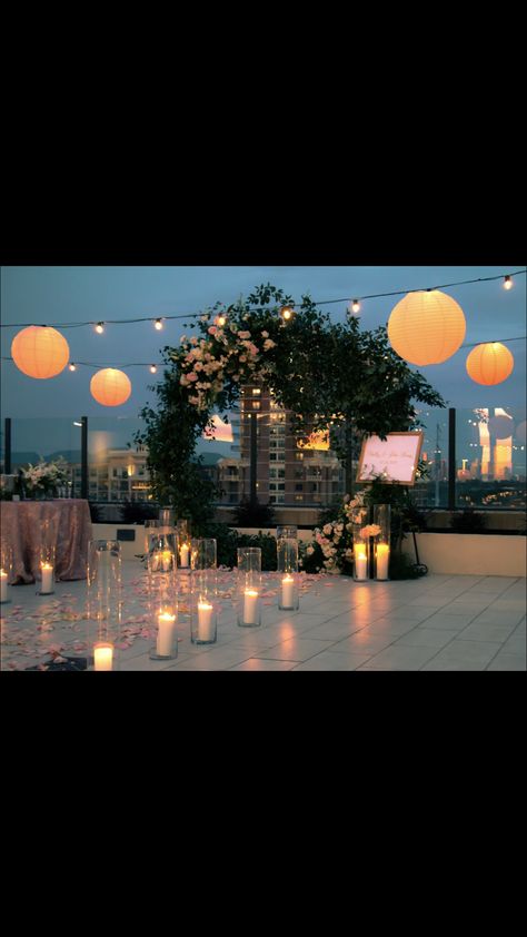 Rooftop Engagement Terrace Decoration Ideas For Engagement, Rooftop Anniversary Decor, Rooftop Wedding Decorations, Terrace Decor For Engagement, Rooftop Decoration Ideas For Party, Rooftop Terrace Wedding Decor, Roof Engagement Decoration, Rooftop Terrace Party Decoration, Engagement Ideas Indian Decoration