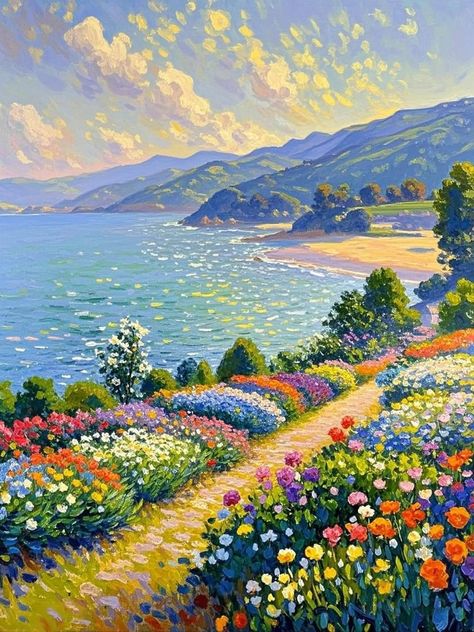 Painted Landscapes, Flowers Wall Decor, Basic Painting, Panoramic Art, Landscape Art Quilts, Painting Skills, Canvas Diy, Oil Art, Landscape Art Painting