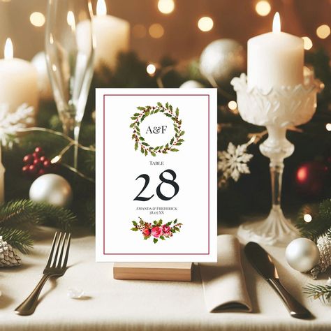 Elegant Holly and Ivy Christmas Wedding Table Number Christmas Wedding Table, Watercolor Holly, Holly And Ivy, Table Number Card, Wedding Table Number Cards, Wedding Charm, Wedding Themes Winter, Elegant Typography, Wedding Table Number