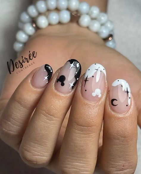 Mickey Ears Nails, Short Almond Disney Nails, Goth Disney Nails, November Disney Nails, Hidden Mickey Nails, Disney Themed Nails Acrylic Short, Epcot Nails, Blue Disney Nails, Disney Nail Art Designs