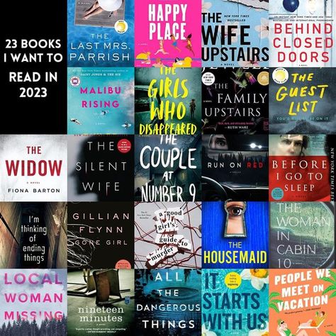 ri | bookstagram on Instagram: "here’s a little list of 23 books i want to read this year! 1. the woman in cabin 10 2. i’m thinking of ending things 3. the people we meet on vacation 4. the widow 5. local woman missing 6. the last mrs. parrish 7. malibu rising 8. the silent wife 9. gone girl 10. nineteen minutes 11. happy place 12. the girls who disappeared 13. the couple at no. 9 14. a good girl’s guide to murder 15. all the dangerous things 16. the wife upstairs 17. the family upstairs The Family Upstairs Book Aesthetic, Local Woman Missing Book Aesthetic, Local Woman Missing Book, Books For 13 Year Girl, All The Dangerous Things, The Wife Upstairs, The Last Mrs Parrish, The Woman In Cabin 10, The Family Upstairs