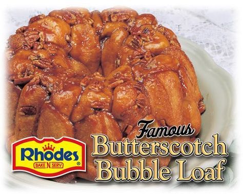 Butterscotch Monkey Bread (aka Butterscoth Bubbleloaf). 24 Rhodes Dinner Rolls, thawed but still cold 1/2 box butterscotch or vanilla pudding mix, non-instant 1/2 cup pecans, chopped 1/2 cup brown sugar 1/2 cup butter or margarine Overnight Monkey Bread, Grands Recipes, Rhodes Rolls Recipes, Bakery Goodies, Rhodes Dinner Rolls, Rhodes Rolls, Bubble Bread, Frozen Dinner Rolls, Frozen Bread Dough