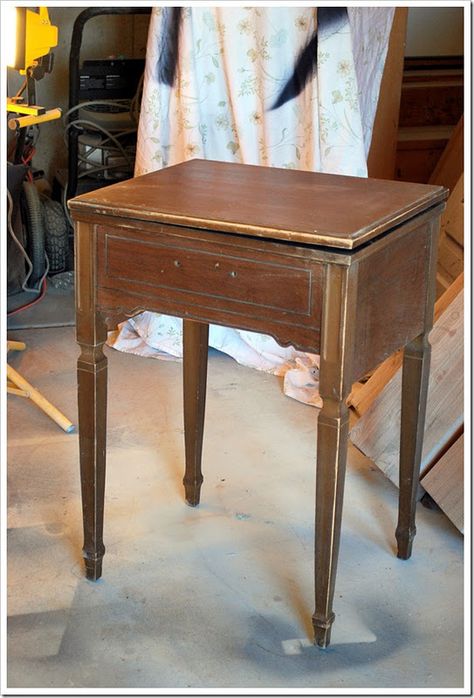 fleaChic: flea market savvy: It's Before and After Wednesday! Sewing Cabinet Redo, Sewing Cabinet Makeover, Cute Lines, Old Sewing Machine Table, Old Sewing Tables, Sewing Table Repurpose, Sewing Machine Tables, Sewing Machine Cabinet, Sanding Block