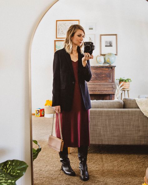 Holiday Outfits: 3 Ways to Wear a Slip Dress Ultra Casual, Slip Dress Outfit, Older Fashion, How To Get Warm, Black Blazer, Black Pumps, Turtleneck Sweater, Outfit Details, Holiday Outfits