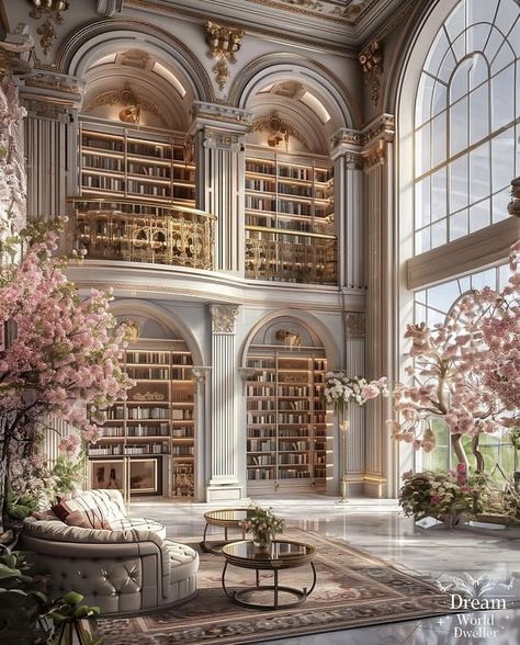 Fancy Houses Interior, Acotar Instagram, Fancy Library, Luxury Library, Luxurious Library, Dream House Library, Cozy Home Interior, Big Library, Castle House Design