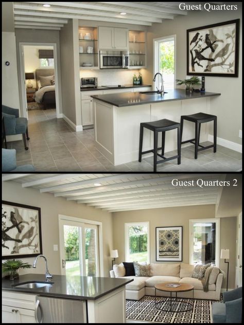 Neutral grey tones for Guest Quarters which include Bed and Bath | Kitchenette | Living Room | Shutterbug Studios-TAP Mother In Law Apartment, Guest House Small, Inlaw Suite, Guest Quarters, Wohne Im Tiny House, In Law House, In-law Apartment, Basement Kitchen, Bed And Bath