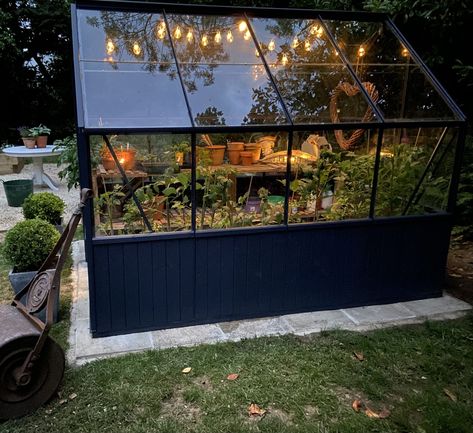 GREENHOUSE MAKEOVER - THIS HOME GROWS Greenhouse Black Frame, Black Frame Greenhouse, Aluminium Greenhouse Makeover, Small Garden With Greenhouse, Greenhouse Screening, Greenhouse Paint Colors, Greenhouse Lighting Ideas, Diy Greenhouse Small, Painted Greenhouse