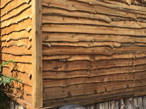 Cedar live edge siding Live Edge Siding Exterior, Live Edge Siding, Wood Cladding Exterior, Natural Edge Wood, Rough Cut Lumber, Small Dream Homes, Timber Garage, Shiplap Siding, Cedar Walls