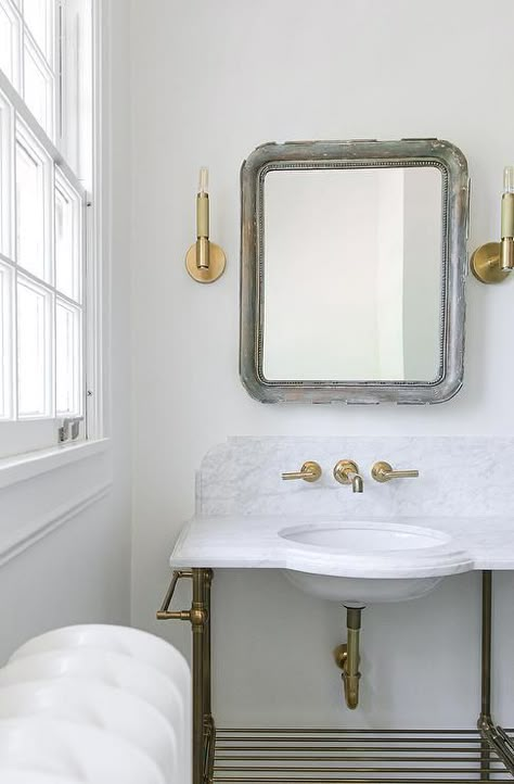 Antique Brass Faucet, Old Sink, Brass Sink, Bathroom Redesign, Wall Closet, Marble Backsplash, Oak Panels, Bathroom Tray, Marble Sinks