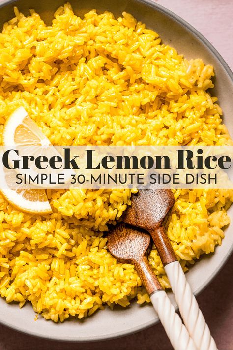 This 30-minute Greek Lemon Rice is a simple side dish bursting with bright lemon flavors and garlicky goodness! You’ll love it next to your favorite grilled meats and Mediterranean mains. Mediterranean Side Dish, Lemon Herb Rice Recipe, Lemon Rice Pilaf, Greek Rice Pilaf, Greek Side Dishes, Greek Rice, Greek Lemon Rice, Yellow Rice Recipes, Risotto Dishes