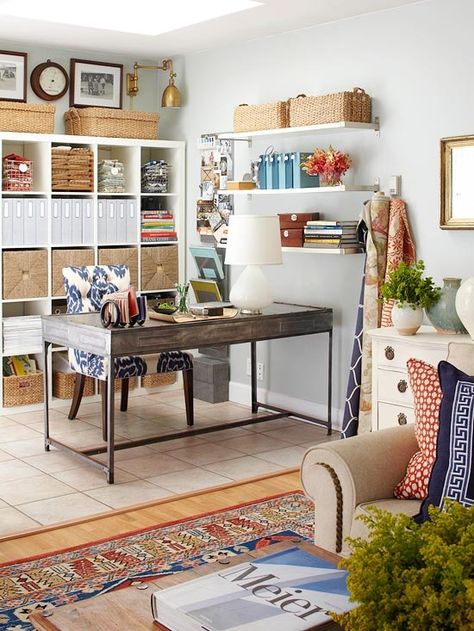 decorating multi purpose rooms | am hoping to turn the bonus room into a multipurpose room...the ... Office Nooks, Tropical Room, Sewing Corner, Corner Ideas, Beach Office, Homeschool Room, Condo Ideas, Studio Inspiration, Multipurpose Room