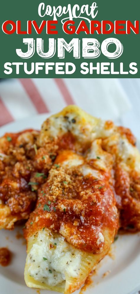 Giant Stuffed Shells, Jumbo Stuffed Shells, Jumbo Shell Recipes, Shell Pasta Recipes, Copycat Olive Garden, Stuffed Shells Ricotta, Olive Garden Recipes, Shells Recipe, Stuffed Shells Recipe