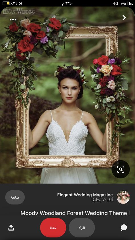 Gold Frame With Flowers, Portrait Props Ideas, Woodland Photoshoot Ideas, Floral Frame Photoshoot, Photoshoot With Picture Frame, Flower Frame Photoshoot, Enchanted Forest Theme Photoshoot, Gold Frame Photoshoot, Photo Area Ideas