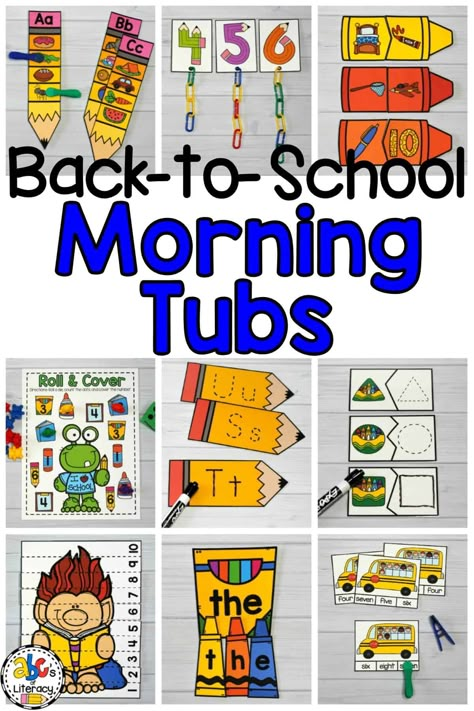 These Back-to-School Morning Tubs are fun activities to learn and review literacy and math concepts and get students ready for a productive day of learning. Morning Centers, Back To School Morning, Beginning Of Kindergarten, Kindergarten Morning Work, Morning Tubs, School Morning, Busy Boxes, Kindergarten Fun, Kindergarten Centers