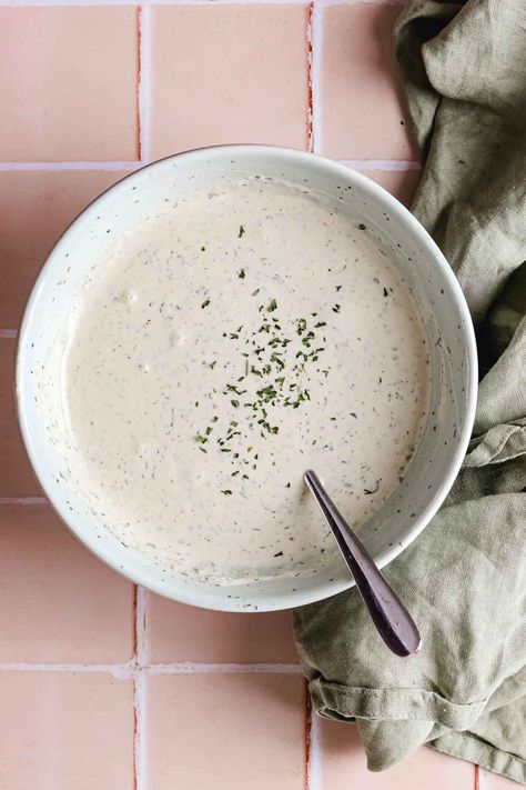 5-Minute Tahini Ranch Dressing Ranch Sauce Recipe, Tahini Ranch, Vegan Ranch Dressing, Ranch Sauce, Cashew Sauce, Vegan Dressing, Ranch Dressing Recipe, Ranch Salad Dressing, Vegan Ranch