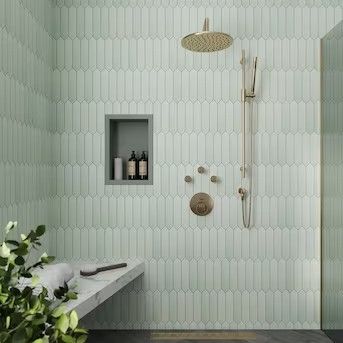 Green Shower Tile, White Tile Shower, Green Tile Bathroom, Green Backsplash, Grey Bathroom Tiles, Residential Flooring, Shower Floor Tile, Bathroom Walls, Brown Floors