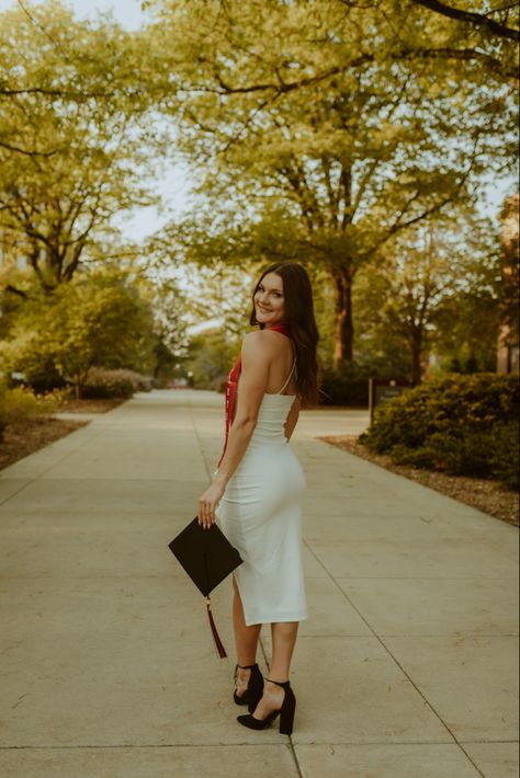 graduation photshoot, white midi dress, college graduation, senior photos White College Grad Dress, White Midi Dress Graduation, University Grad Dress, Graduation White Dress College, Grad Dresses College, White Graduation Dress College Classy, College Graduation Dress Ideas, Graduation Dresses College, College Graduation Pictures Outfits