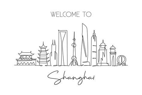 Shanghai Skyline Drawing, Shanghai Drawing, Shanghai Tattoo, Skyline Tattoo, Skyline Drawing, Skyline Illustration, Shanghai Skyline, Minimalist Jewelry Silver, Shanghai City