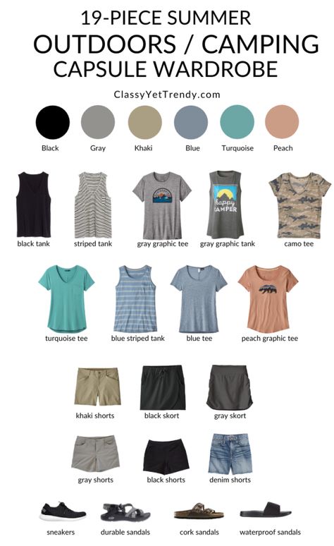 19-Piece-Outdoors-Camping-Summer-2020-Capsule-Wardrobe Create Capsule Wardrobe, Summer Camping Outfits, Camping Outfits For Women, Grey Denim Shorts, Classy Yet Trendy, Black Skort, Travel Capsule Wardrobe, Summer Capsule Wardrobe, Camping Outfits