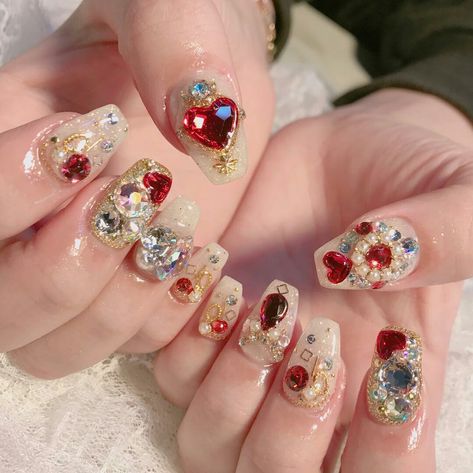 Jewel Nail Art, Gem Nail Designs, Korean Nails, Acrylic Nail Kit, Japanese Nails, Soft Nails, Kawaii Nails, Gem Nails, Cute Nail Art