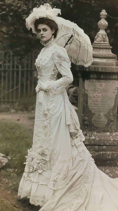 A poised woman dressed in a sophisticated vintage gown poses gracefully in a timeless photograph. 1900-1920 Fashion, Victorian Era Fashion Woman, Standing Woman Reference, Neoclassical Fashion, Poised Woman, Early 1900s Fashion, Victorian Era Aesthetic, Gown Poses, 20th Century Dress