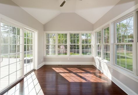 Dinning Room Sunroom, 4 Season Room Addition Off Kitchen, Nature Observatory, Living Room Big Windows, Conservatory Renovation, Craftsman Sunroom, 4 Season Room Addition, Sunroom With Fireplace, 4 Season Sunroom Ideas