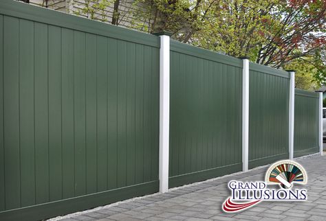 V300-6 and V300-5 6' and 5' sections of Tongue and Groove PVC Privacy Fence with posts in Grand Illusions Color Spectrum Patio White (L101) and panels in Forest Green (E120) Mix 'n' Match from our Color Spectrum to create the perfect fence. #fenceideas #illusionsfence Pvc Privacy Fence, Wood Grain Vinyl Fence, Painted Wood Fence, Fencing Panels, Privacy Fencing, Vinyl Fence Panels, Vinyl Privacy Fence, Privacy Fence Panels, Vinyl Railing