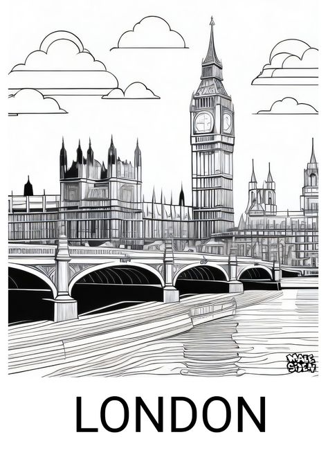 Coloringbook page London Skyline Drawing, Skyline Drawing, London Skyline, London, Drawings