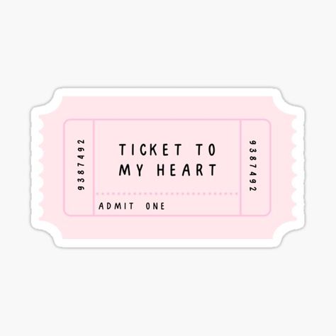 #pink #tickettomyheart #pastel #love #valentine #valentinesday #admitone #ticket #stub #redbubble Ticket To Happiness, Papan Menu, Pink Tickets, Ticket Sticker, Pastel Stickers, Preppy Stickers, Kartu Valentine, Ticket Stub, Happy Stickers