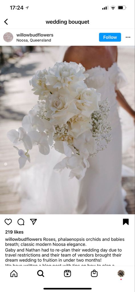 All White Bridal Bouquet Cascading, White Bouquet Bride, Cabo Wedding Flowers, Big Wedding Bouquet, Winter Wedding Florals, Malibu Elopement, Planning 2023, White Orchid Bouquet, Florist Ideas