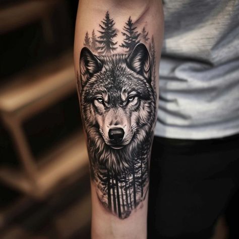 Shoulder Wolf Tattoo, Shoulder Tats, Wolf Tattoos Men, Inner Bicep Tattoo, Tattoo Wolf, Father Tattoos, Cute Tattoo Ideas, Clever Tattoos, Bicep Tattoo