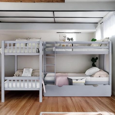 Contemporary Twin L-Shaped Bunk bed with Built-in Ladder and Drawers, 4 Beds in 1, Maximized Space, Versatility Galore, Gray - Bed Bath & Beyond - 39939045 Corner Bunk Beds Space Saving, Corner Triple Bunk Beds, Four Bunk Beds In One Room, Bunk Rooms Built In, Multiple Bunk Beds In One Room, 4 Bunk Beds In One Room, Three Bunk Beds, Adult Bunk Beds Guest Rooms, Beach House Bunk Beds