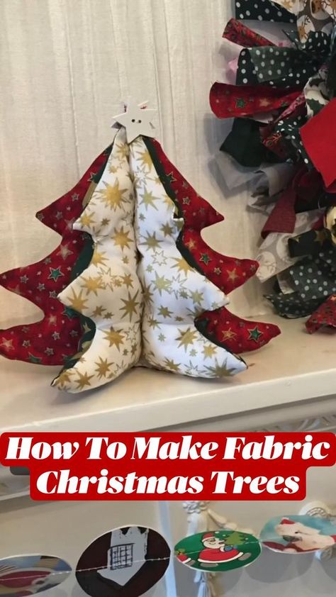 How To make Fabric Christmas Trees - Free Printable Fabric Christmas tree pattern. Make this super cute DIY Fabric Christmas Tree with this easy step by step sewing tutorial free sewing pattern. You can be sewing Christmas tree fabric decorations for holiday decor. Free fabric Christmas trees pattern to make your own Christmas fabric decorations. 3D fabric Christmas tree pattern Christmas tree making sewing tutorial. How to make a large fabric Christmas tree. Fabric Christmas tree craft 3d Fabric Christmas Tree, Stuffed Fabric Christmas Trees Diy, Christmas Tree Sewing Pattern, Folded Fabric Christmas Tree, Stuffed Christmas Tree Pattern, Fabric Christmas Trees Stuffed, Christmas Fabric Decorations, Fabric Christmas Tree Pattern, Christmas Tree Patterns Free Printable